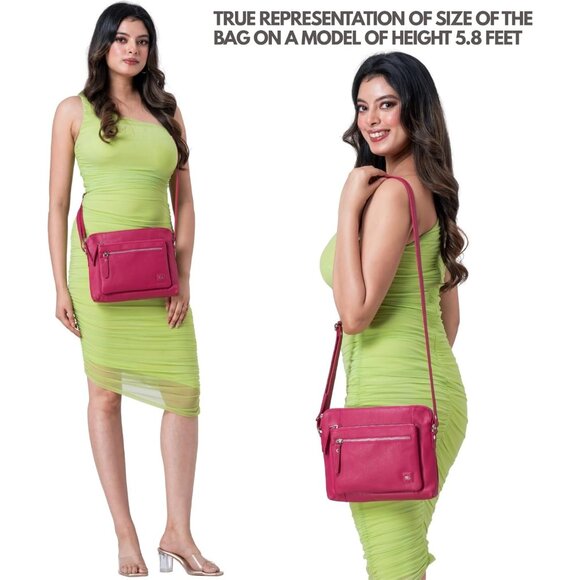 Women Hot Pink Imported Leather Polyester Crossbody Sling Shoulder Crossover Bag - Picture 2 of 6